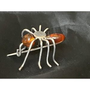 Vintage Small Sterling Silver & Amber Ant Brooch 925 Sterling Ant Jewelry Pin 1"
